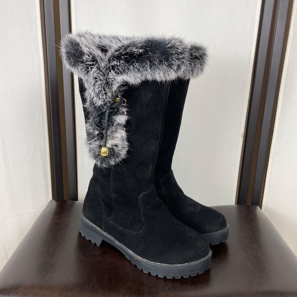 Suede Fur Trim Snow Boots Black Size 9 EU 40, 1.5" Heel, Lug Sole, NWOT - Picture 2 of 11